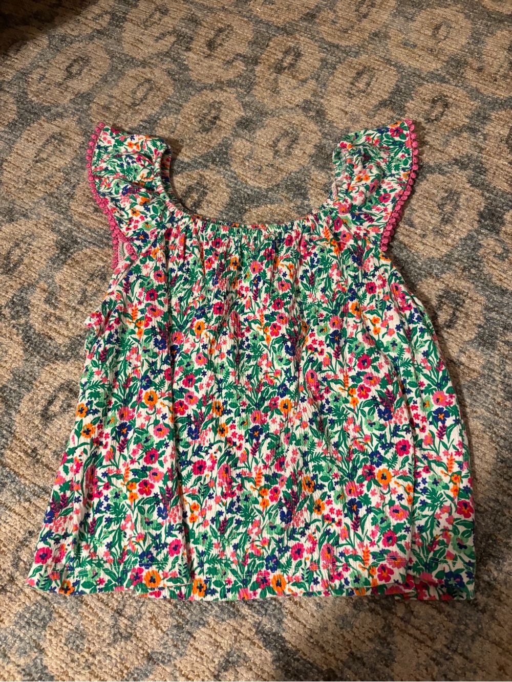 Crewcuts Floral Smocked Ruffle Tank Top - White Multi